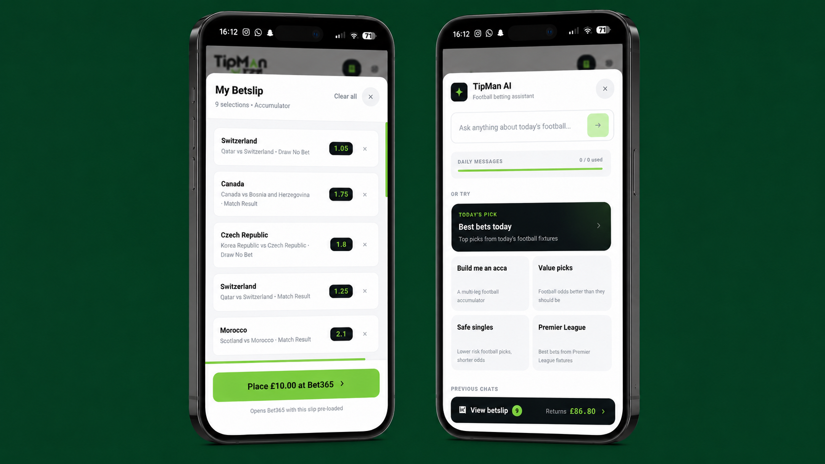 TipMan Tips app mockup showing AI betting chat alongside a betslip