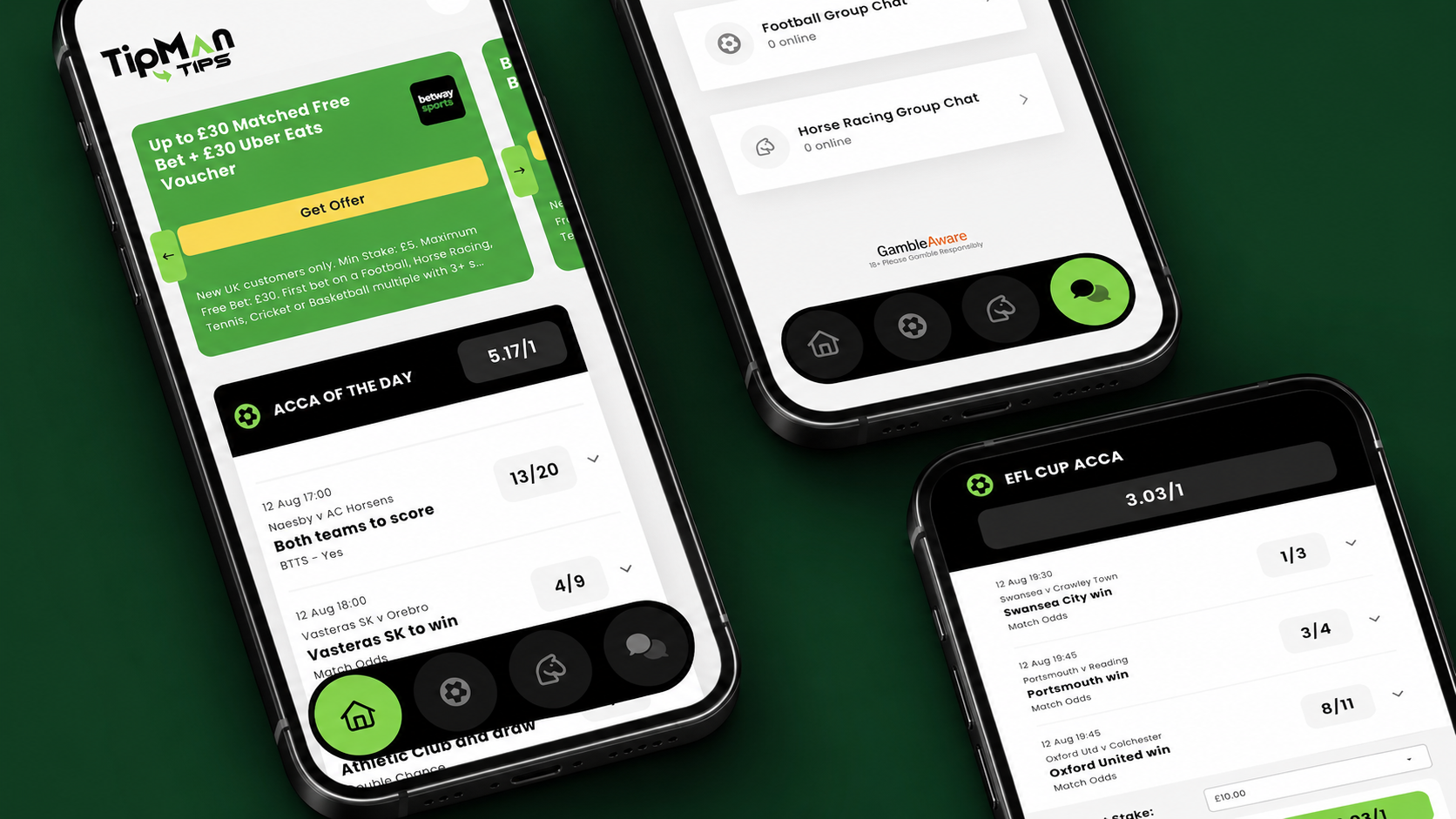 Close-up TipMan Tips app showcase with offers, group chat and acca screens