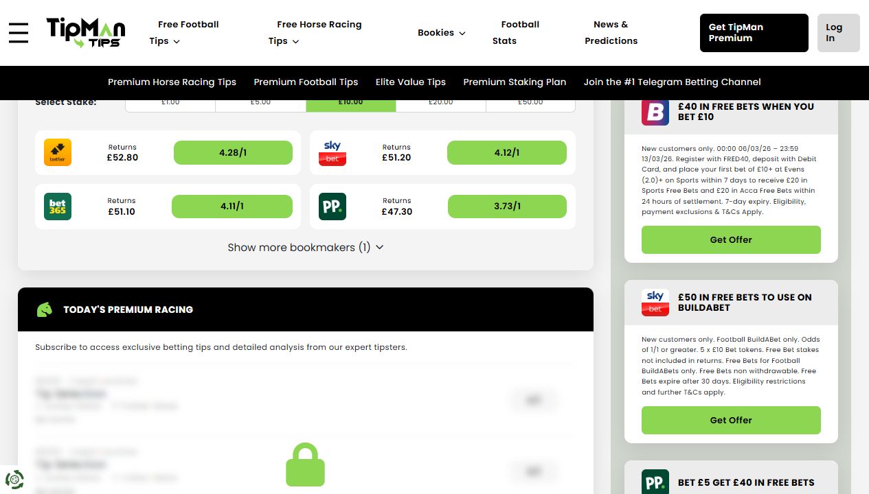 TipMan Tips screenshot showing tip cards, odds and premium content