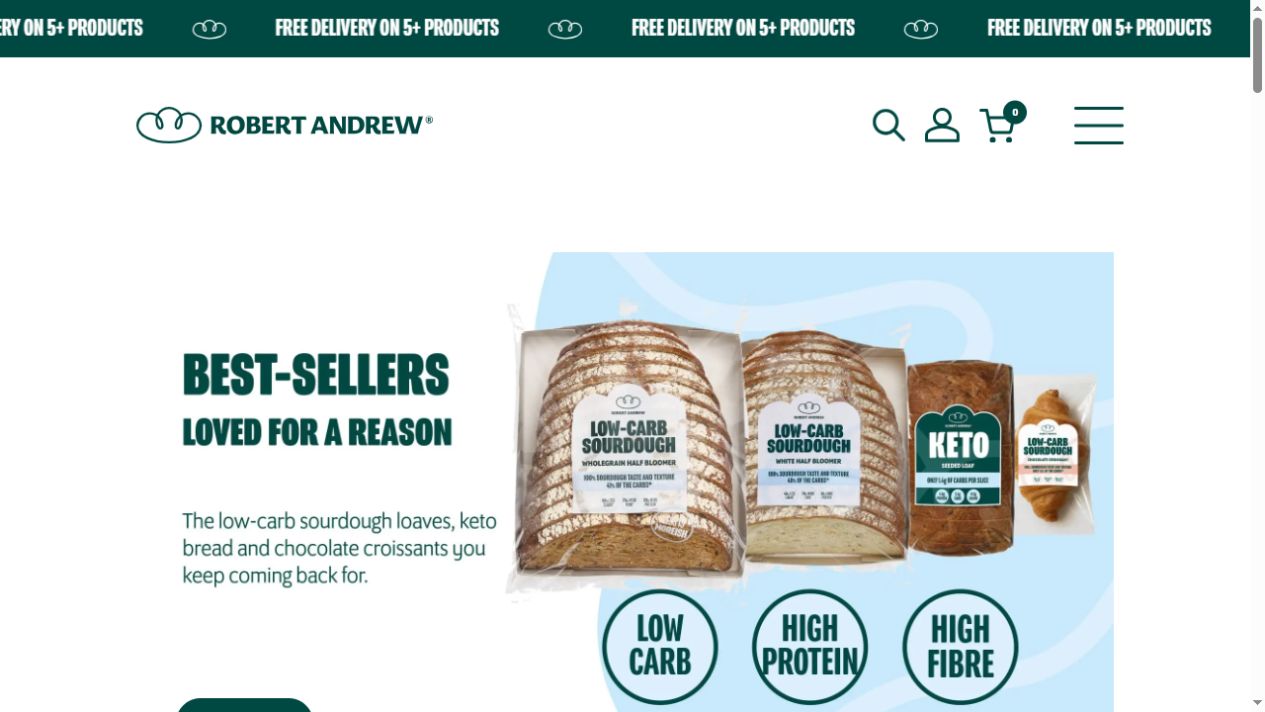 Robert Andrew Low-Carb Sourdough WooCommerce homepage on desktop