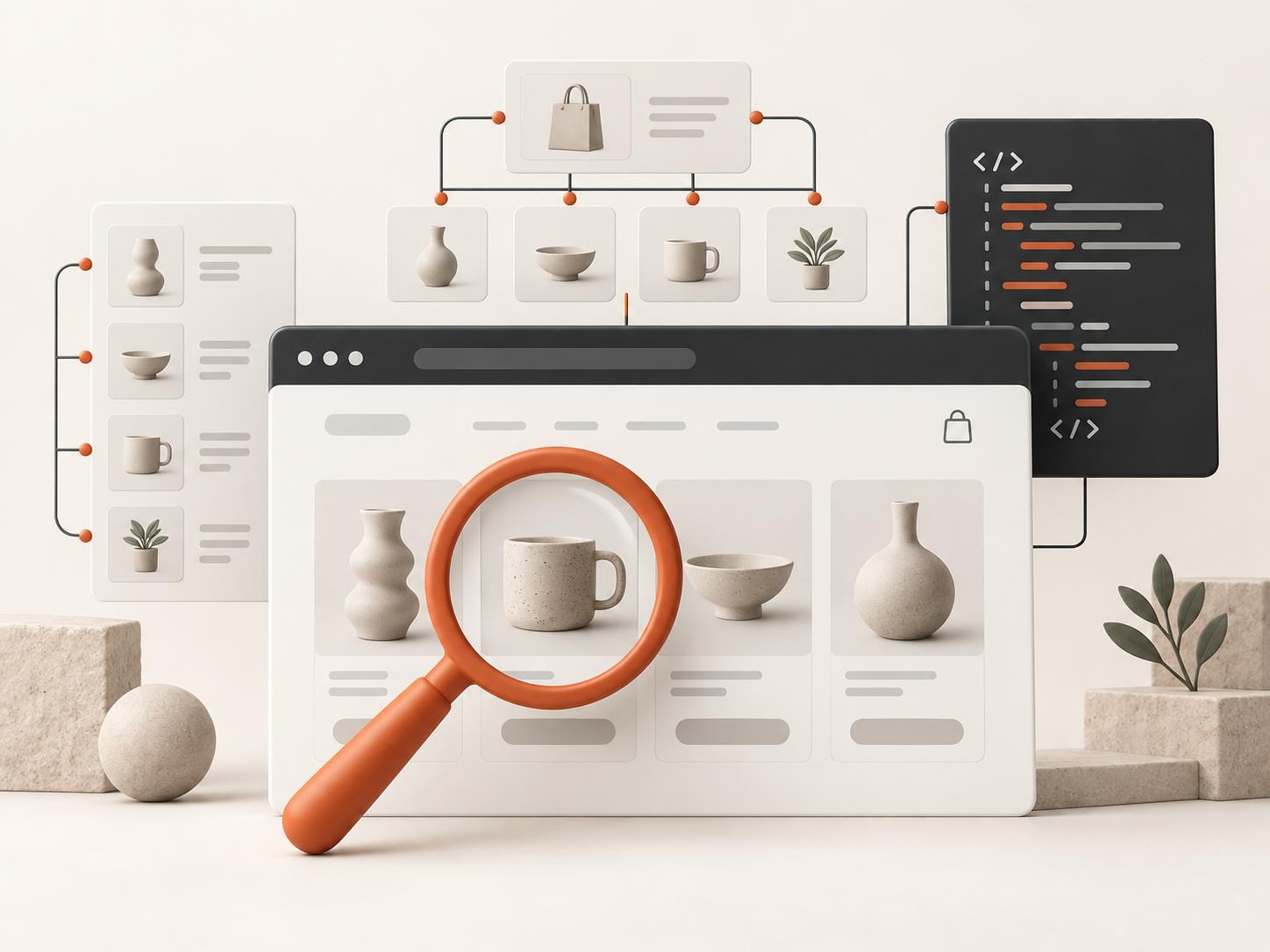 Illustration of an ecommerce catalogue, connected product hierarchy and structured code, with an orange magnifying glass