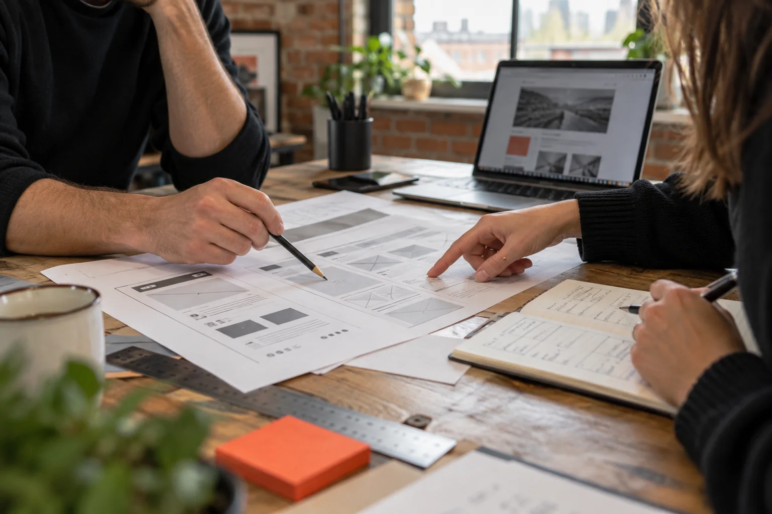 Collaborative WordPress website design process with printed wireframes